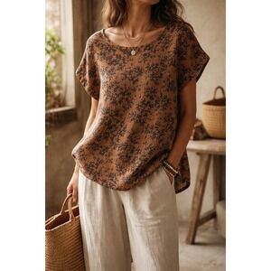 Bellambra Italian Linen Floral Tunic Top Small Brown Black Lagenook Relaxed NWT